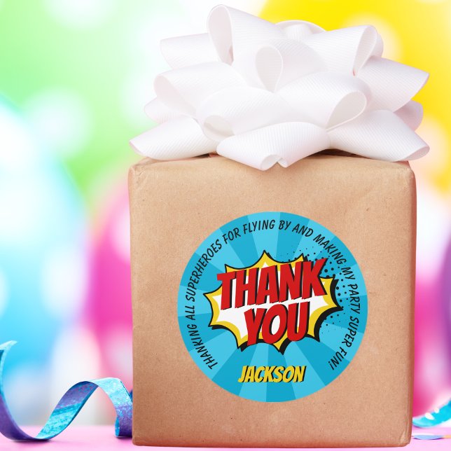 Pegatina Redonda Superhéroe Comic Style Boy Cumpleaños Azul Gracias (Subido por el creador)