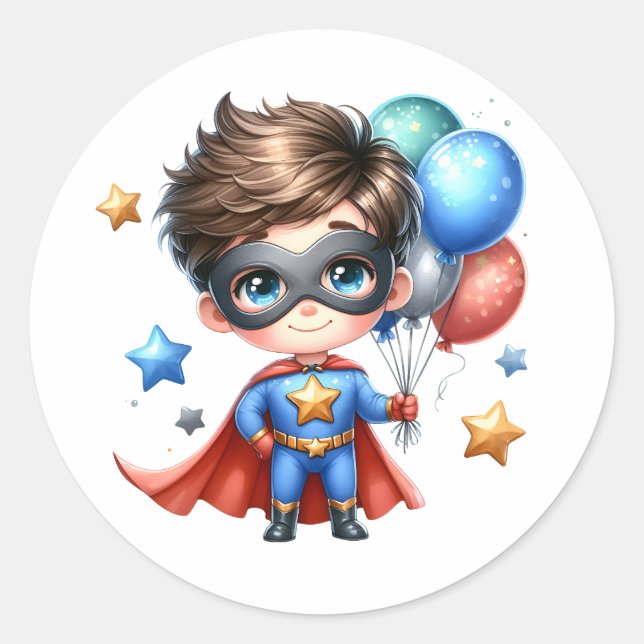 Pegatina Redonda Superhéroe | Cumpleaños de Niños (Anverso)