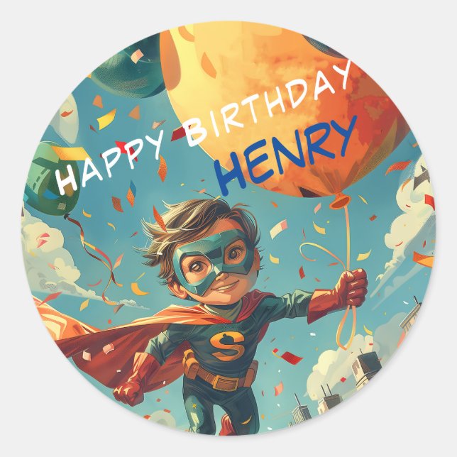 Pegatina Redonda Superhéroe feliz diseño de cumpleaños para niños (Anverso)