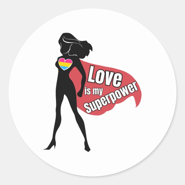 Pegatina Redonda Superhéroe pansexual LGBTQ, amor es mi superpoder (Anverso)