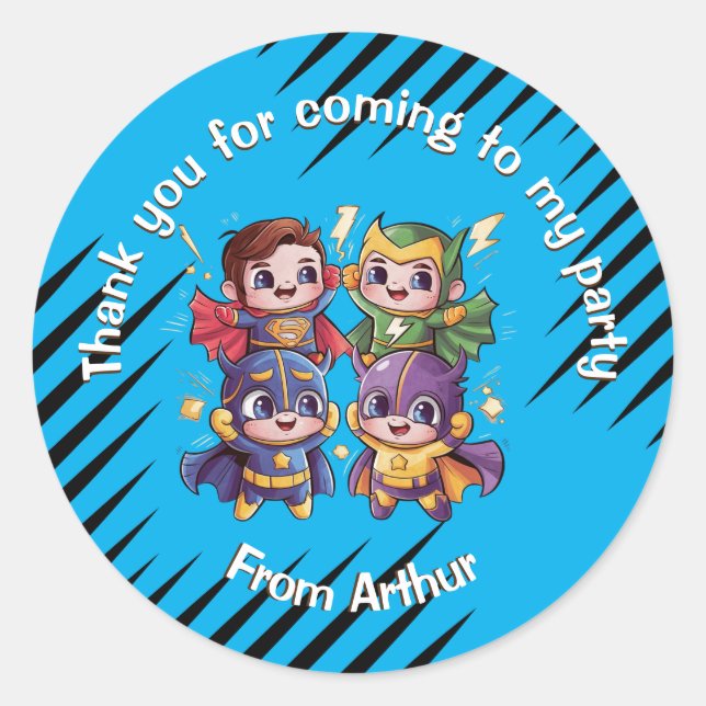 Pegatina Redonda Superhéroes fiestas Niños super héroes identidad d (Anverso)