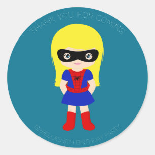 Pegatina Redonda Superheroína Niños Niñas Partido de Cumpleaños