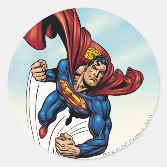 Pegatina Redonda Superman avanza por el aire (Anverso)