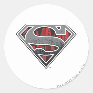 Pegatina Redonda Superman S-Shield   Logotipo Gris y Ciudad Roja