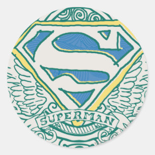 Pegatina Redonda Superman Stylized   Logotipo de Alas y Nombre