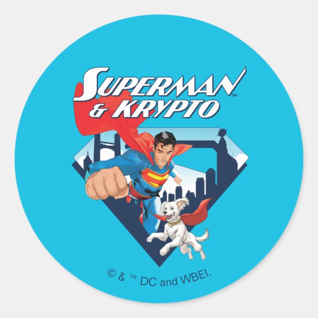 Pegatina Redonda Superman y Krypto Soar (Anverso)