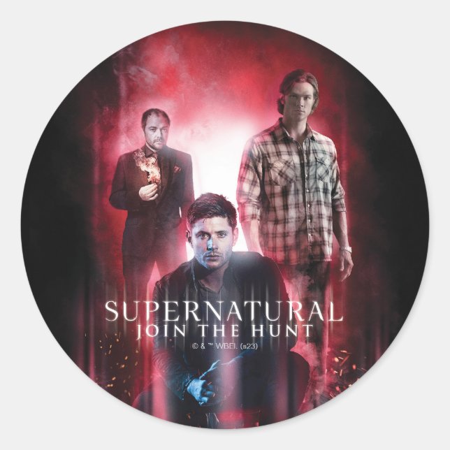 Pegatina Redonda Supernatural Crowley, Dean y Sam (Anverso)