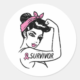 Pegatina Redonda Superviviente del cáncer de mama Rosie Riveter Awa