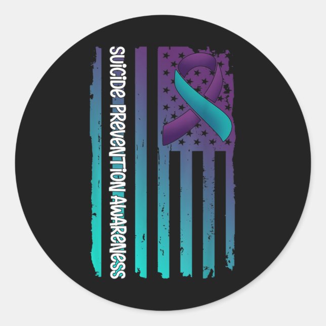 Pegatina Redonda Support American Flag Ribbon Suicide Awareness For (Anverso)