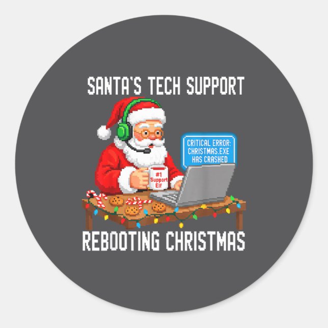 Pegatina Redonda Support Tech Santa's Rebooting Joke (Anverso)