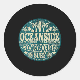 Pegatina Redonda Surf de tabla larga vintage de Oceanside Californi