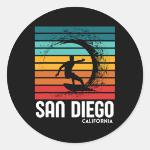 Pegatina Redonda Surf San Diego California Playa Vintage Retro Surf