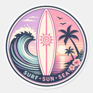 Pegatina Redonda Surf • Sol • Mar Insignia Retro de Onda Tropical