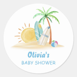 Pegatina Redonda Surfboard Sunshine Beach Palm Tree Baby Shower