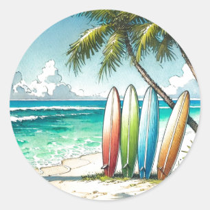 Pegatina Redonda Surfboards en la acuarela y la tinta de la playa