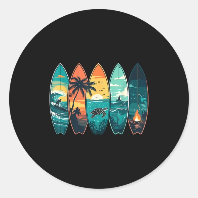 Pegatina Redonda Surfboards Sunset Ocean Beach Vibe Surfer  (Anverso)