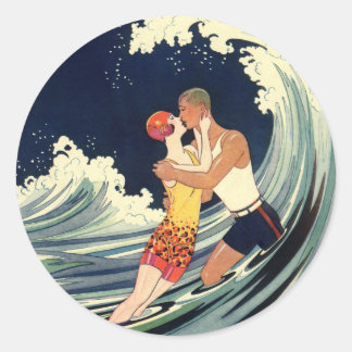 Pegatina Redonda Surfer Aovers Kissing Vintage Ilustracion