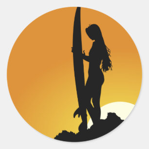Pegatina Redonda Surfer chica Silhouette