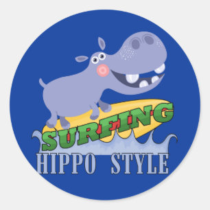 Pegatina Redonda Surfer Hippopótamo