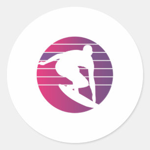 Pegatina Redonda Surfer Retro Surfing Sunset