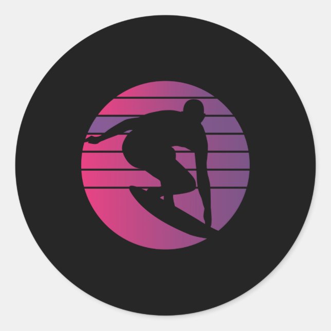 Pegatina Redonda Surfer Retro Surfing Sunset (Anverso)