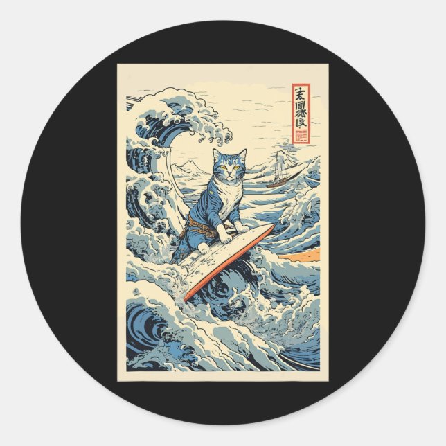 Pegatina Redonda Surfing Cat Hokusai Great Wave Off Kanagawa Japane (Anverso)