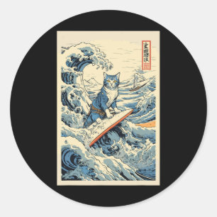 Pegatina Redonda Surfing Cat Hokusai Great Wave Off Kanagawa Japane