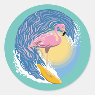 Pegatina Redonda Surfing Flamingo Graphic Ilustracion