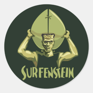 Pegatina Redonda Surfing Halloween Frankenstein
