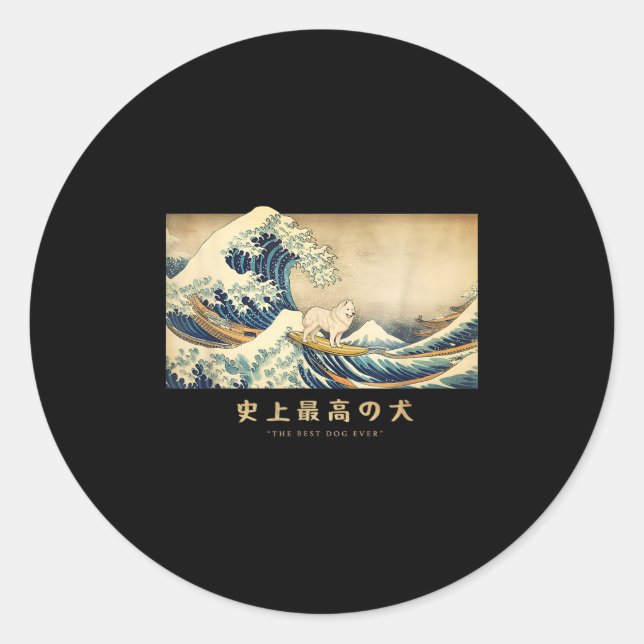 Pegatina Redonda Surfing Samoyed Kanagawa Wave Japonés Perro Gracio (Anverso)