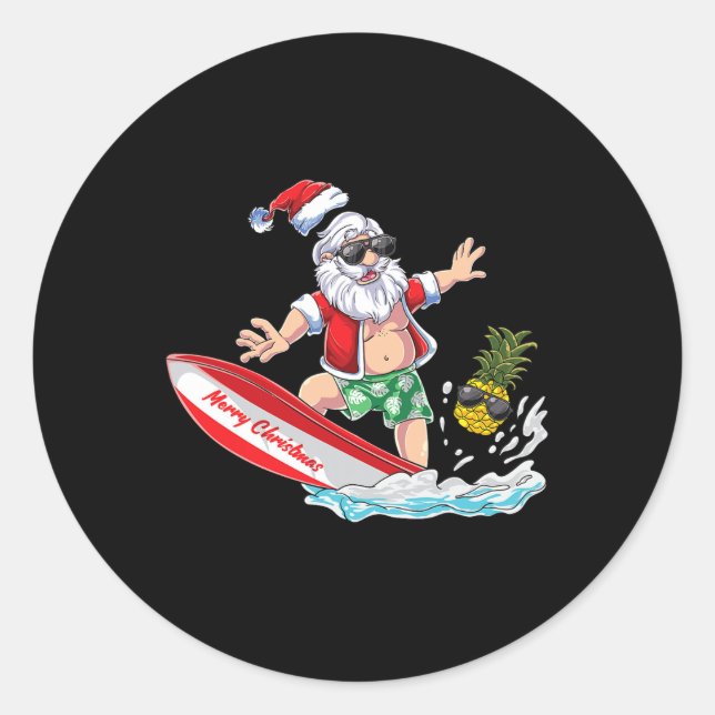 Pegatina Redonda Surfing Santa Beach Holiday Plams Christmas In Jul (Anverso)