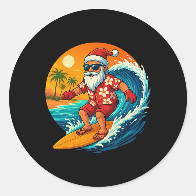 Pegatina Redonda Surfing Santa Tropical Christmas Holiday Hawaiian  (Anverso)