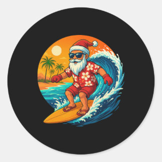 Pegatina Redonda Surfing Santa Tropical Christmas Holiday Hawaiian 