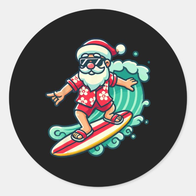 Pegatina Redonda Surfing Santa Tropical Christmas Vacation Xmas In  (Anverso)
