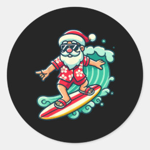 Pegatina Redonda Surfing Santa Vacaciones Tropicales de Navidad Nav