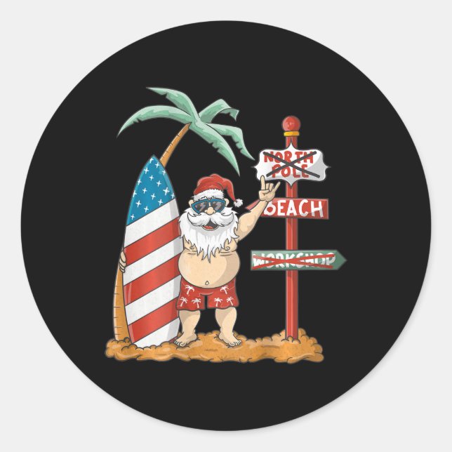 Pegatina Redonda Surfing Santa With Usa Patriotic Surfboard Christm (Anverso)