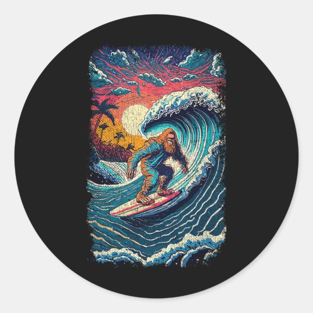Pegatina Redonda Surfing Sasquatch Shirt Art Teacher Big Wave Surfe (Anverso)