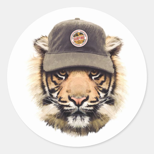 Pegatina Redonda Surfing Tiger (Anverso)