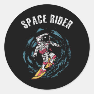 Pegatina Redonda Surfista Astronauta Jinete Espacial Surfista