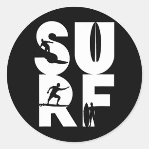 Pegatina Redonda Surfista con tablas de surf en jinete de olas de s