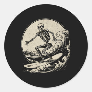 Pegatina Redonda Surfista Esqueleto Vintage Surfing Gran Ola Divert