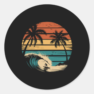 Pegatina Redonda Surfista surfeando con palmeras Vacaciones tropica
