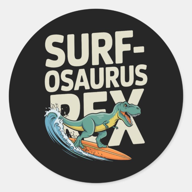 Pegatina Redonda Surfosaurus Rex Dinosaurio Divertido de Surf (Anverso)