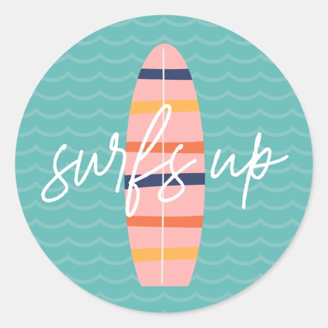 Pegatina Redonda Surfs Up Pink Surfboard y WalNday Party (Anverso)
