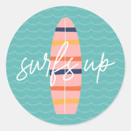 Pegatina Redonda Surfs Up Pink Surfboard y WalNday Party
