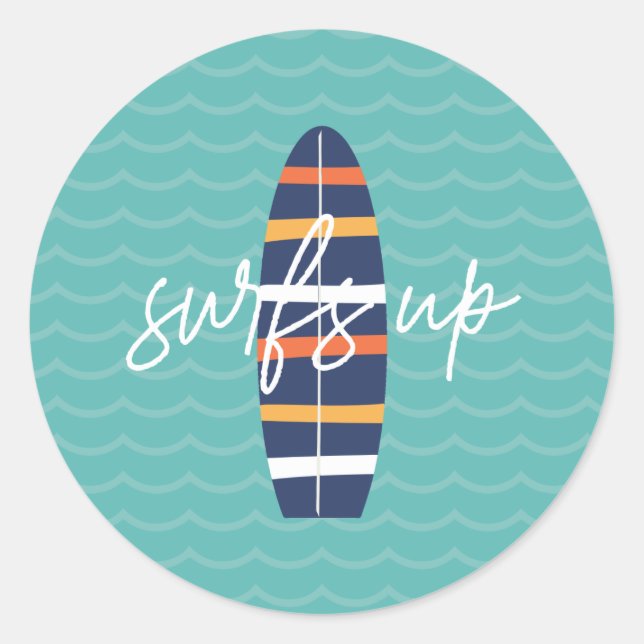 Pegatina Redonda Surfs Up Surfboard and waves Birday Party (Anverso)