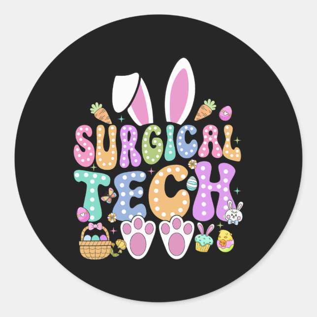 Pegatina Redonda Surgical Tech Happy Easter Day Bunny Surg Technici (Anverso)