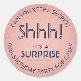 Pegatina Redonda Surprise Birday Party Navy Blue & Pink Rose Gold