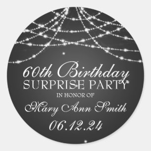 Pegatina Redonda Surprise Birday Party String de Stars Black