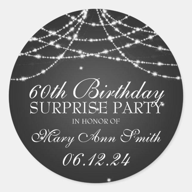 Pegatina Redonda Surprise Birday Party String de Stars Black (Anverso)